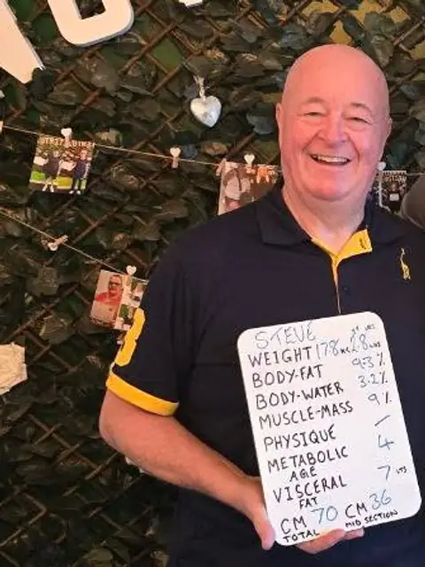 A man holds up his whiteboard results in the club room
